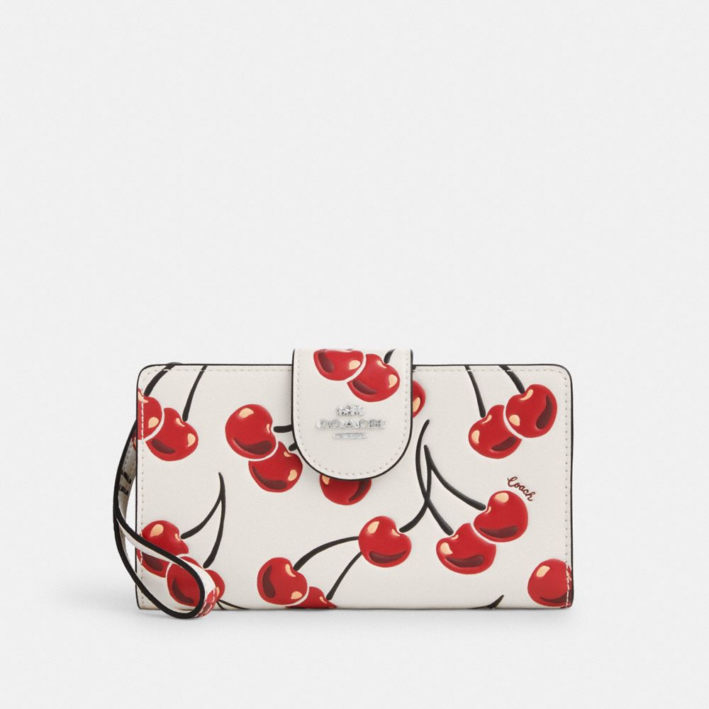 COACH®,Phone Wallet With Cherry Print,White,Front View