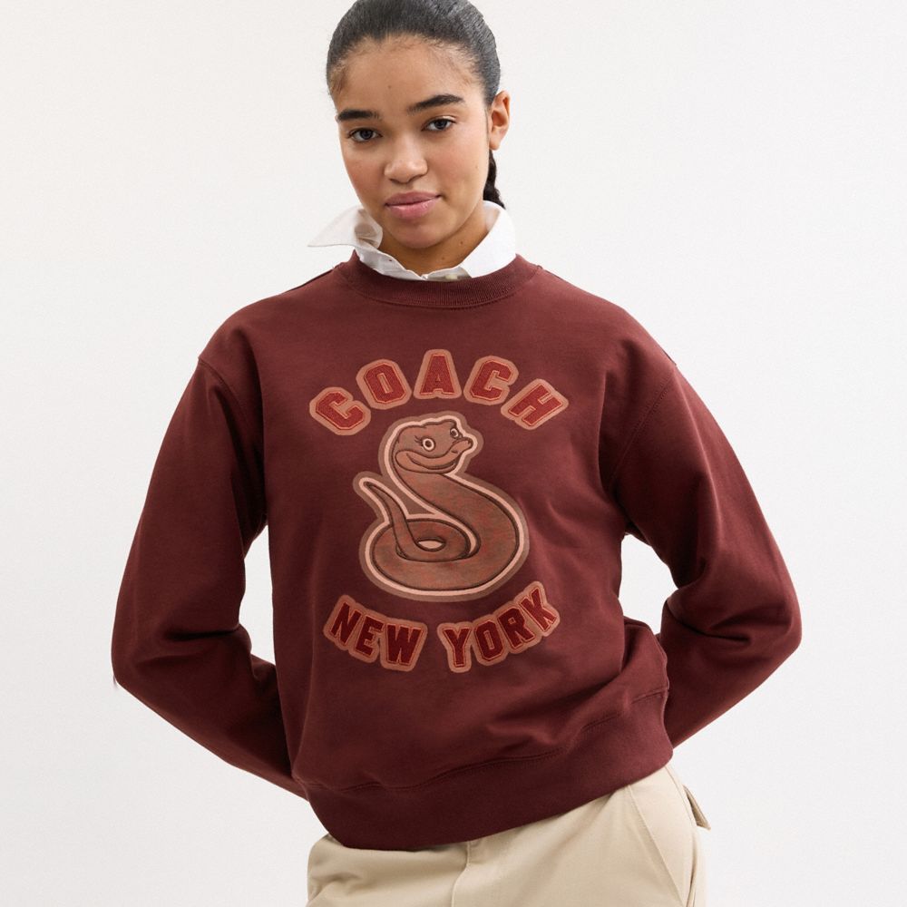 COACH®,New Year Crewneck Sweatshirt With Snake Graphic,Cotton,Sweatshirt,Casual,Lounge,Maroon,Detail View