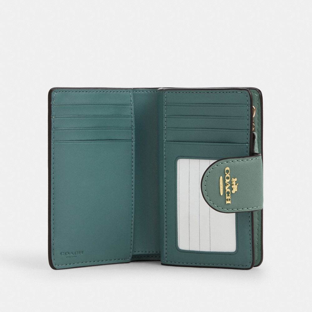 COACH®,Medium Corner Zip Wallet In Signature Leather,Leather,Bi Fold,Casual,Teal,Inside View,Top View