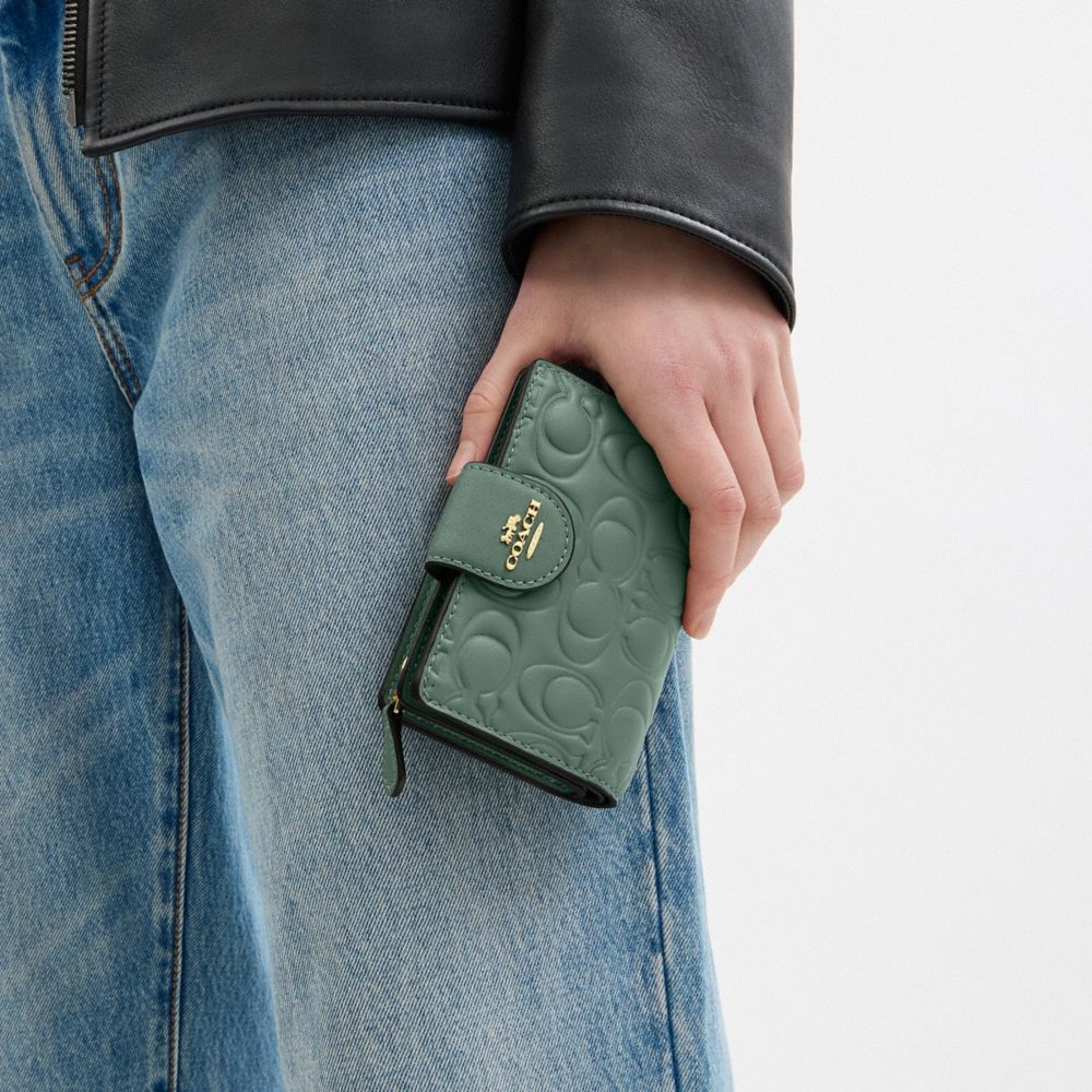 COACH®,Medium Corner Zip Wallet In Signature Leather,Leather,Bi Fold,Casual,Teal,Detail View