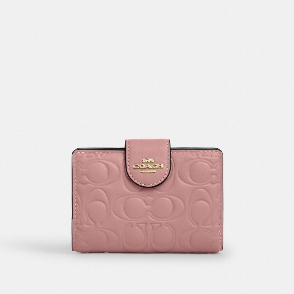 COACH®,Medium Corner Zip Wallet In Signature Leather,Leather,Bi Fold,Casual,Blush,Front View
