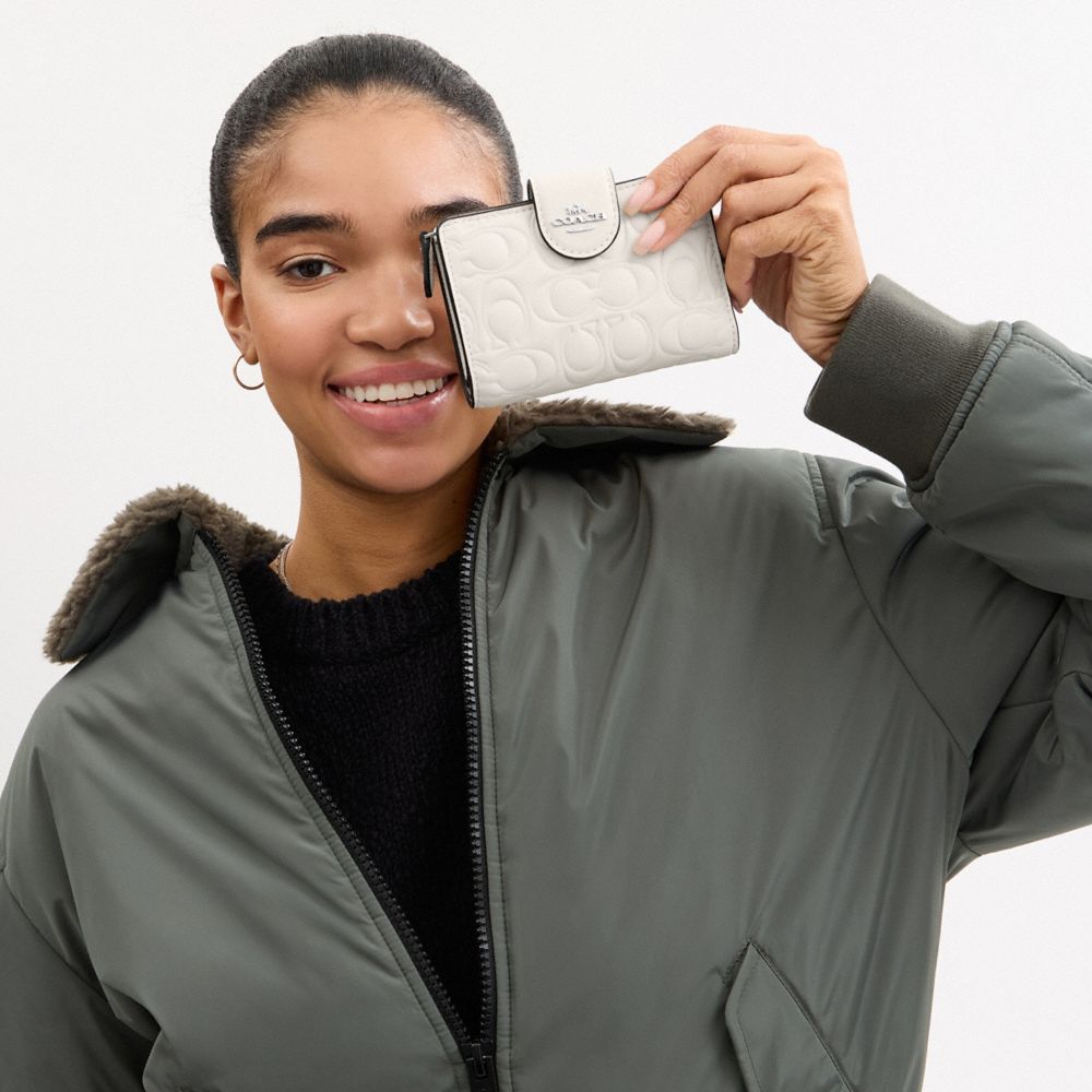 COACH®,Medium Corner Zip Wallet In Signature Leather,Leather,Bi Fold,Casual,White,Detail View