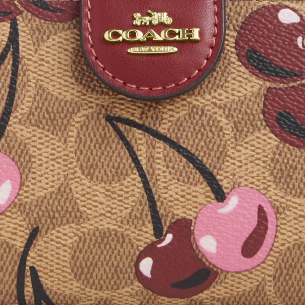 COACH®,PORTEFEUILLE DE TAILLE MOYENNE AVEC ZIP EN COIN EN TOILE SIGNATURE AVEC IMPRIMÉ CERISE,Tissu en toile exc...,Or/Havane multi