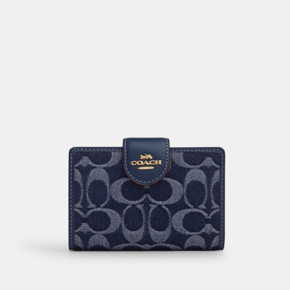 COACH®,Medium Corner Zip Wallet In Signature Denim,,Front View