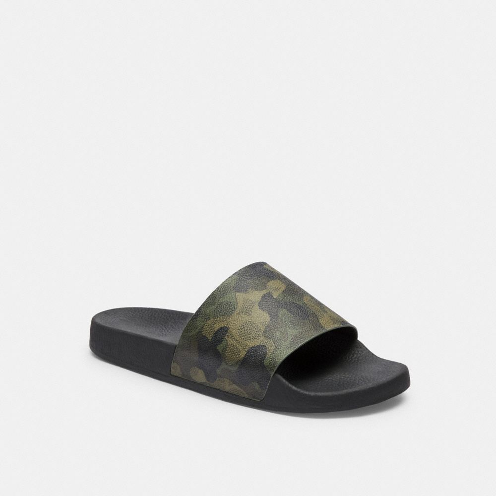 COACH®,Slide In Signature Camo Print,Rubber,Canvas,Slides,Traction,Pool,Multi Color,Front View