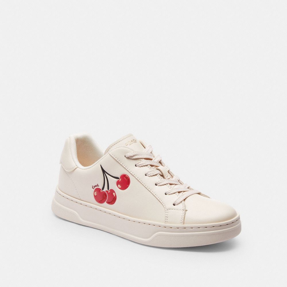 COACH®,High Line Sneaker With Cherry Print,Leather,Casual,Fabric,Logo,Glitter,Cushioned,Casual,Cream,Front View