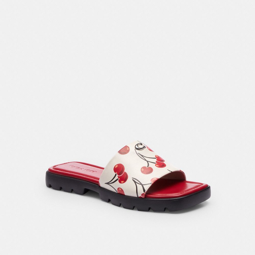 COACH®,Florence Sandal With Cherry Print,Leather,Rubber,Slides,Logo,Metal,Cushioned,Casual,Pool,White,Front View