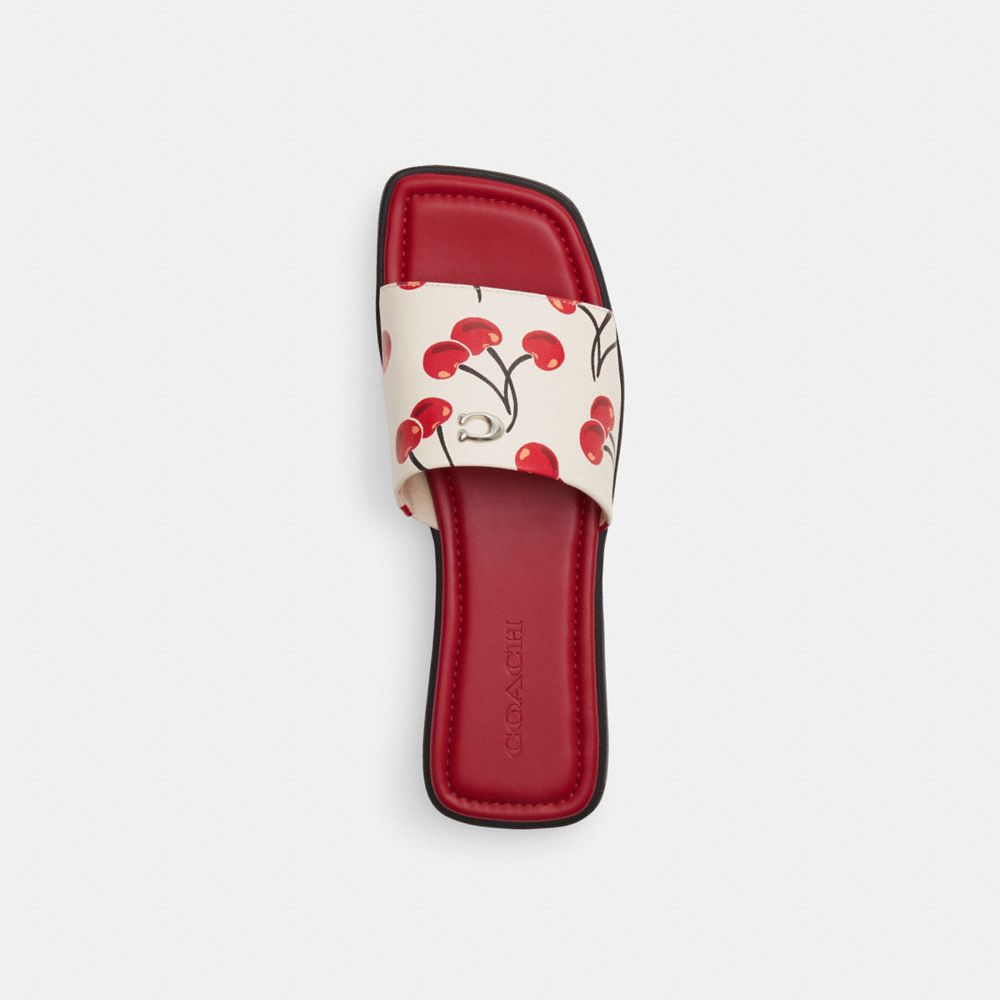 COACH®,Florence Sandal With Cherry Print,Leather,Rubber,Slides,Logo,Metal,Cushioned,Casual,Pool,White,Inside View,Top View