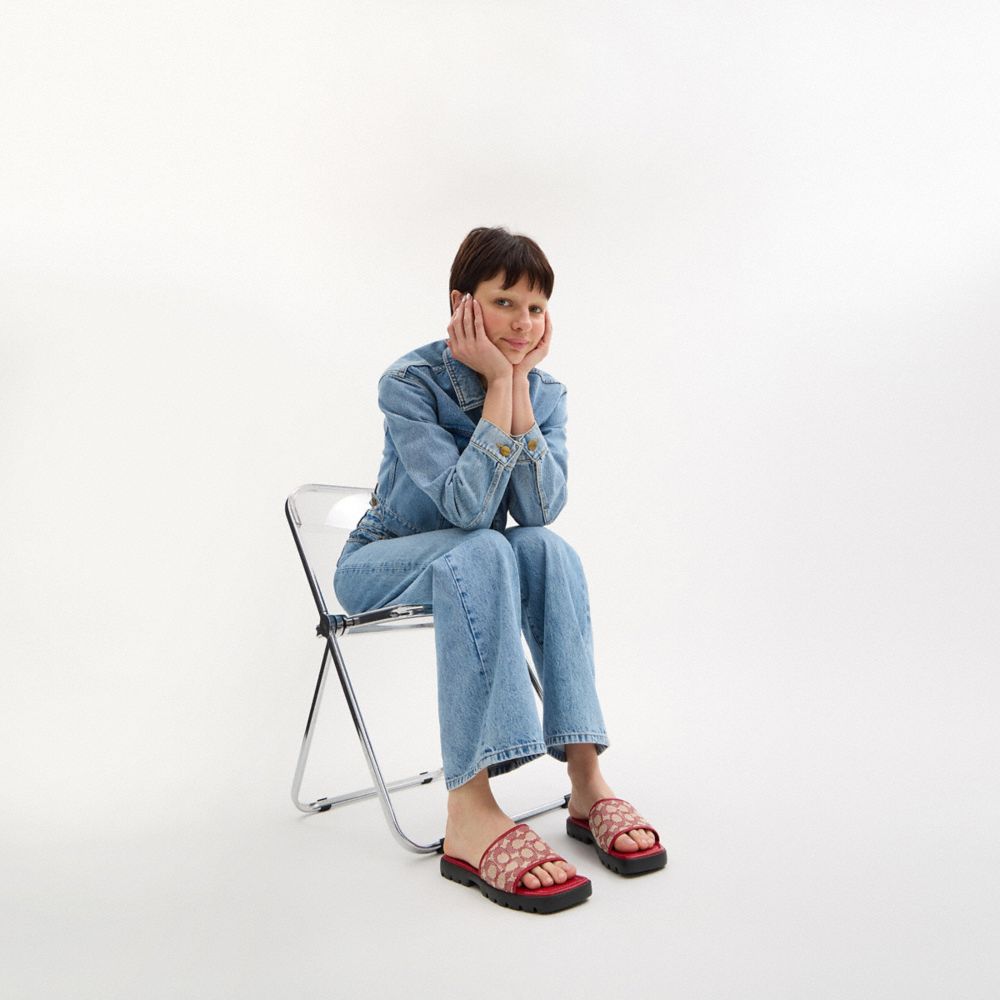 COACH®,Florence Sandal In Signature Textile Jacquard,Cotton,Recycled Polyester,Sandals,Slides,Piping,Sustainable,Casual,Multi Color,Detail View