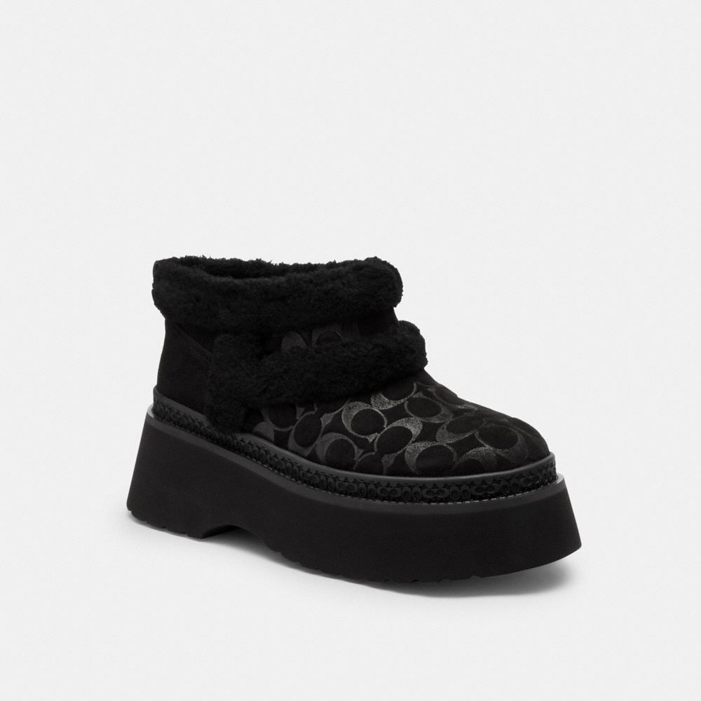 COACH®,Christina Bootie In Signature Suede,Wool,Suede,Winter,Fur Embellishment,Color Block,Pull Tab,Cushioned,Outdoor,,Front View
