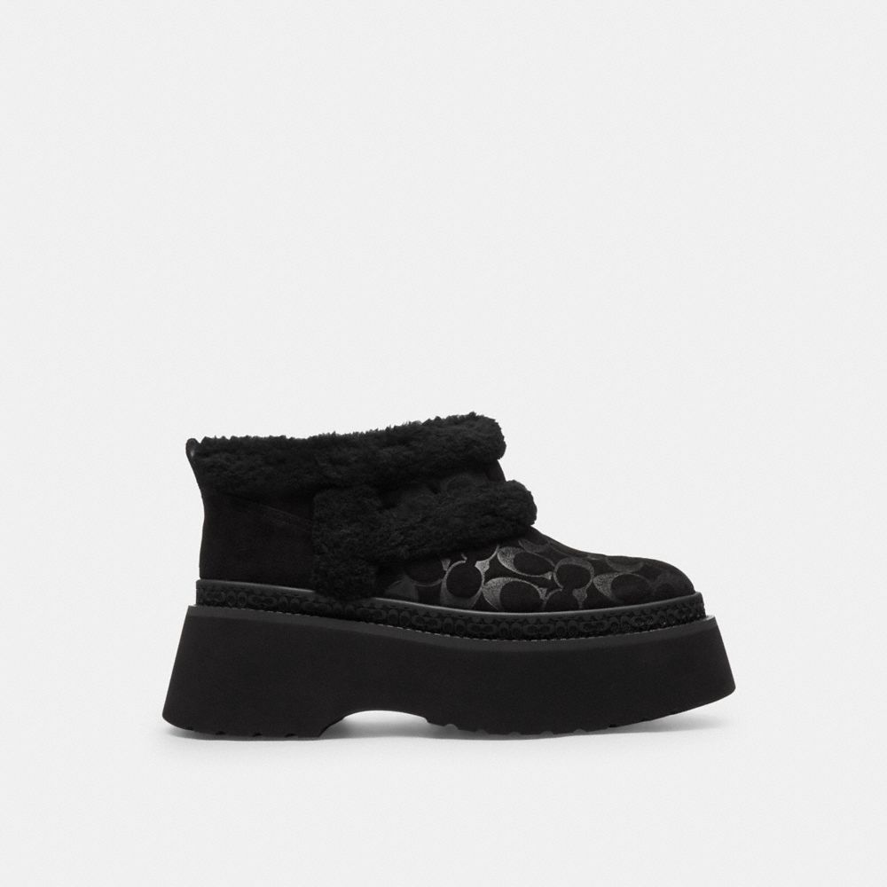 COACH®,Christina Bootie In Signature Suede,Wool,Suede,Winter,Fur Embellishment,Color Block,Pull Tab,Cushioned,Outdoor,,Angle View