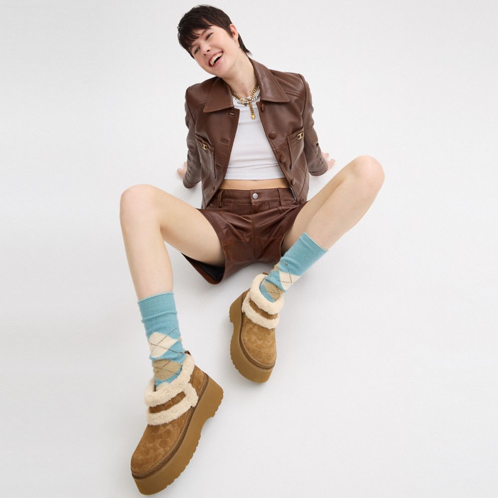 COACH®,Christina Bootie In Signature Suede,Wool,Suede,Winter,Fur Embellishment,Color Block,Pull Tab,Cushioned,Outdoor,Brown,Detail View