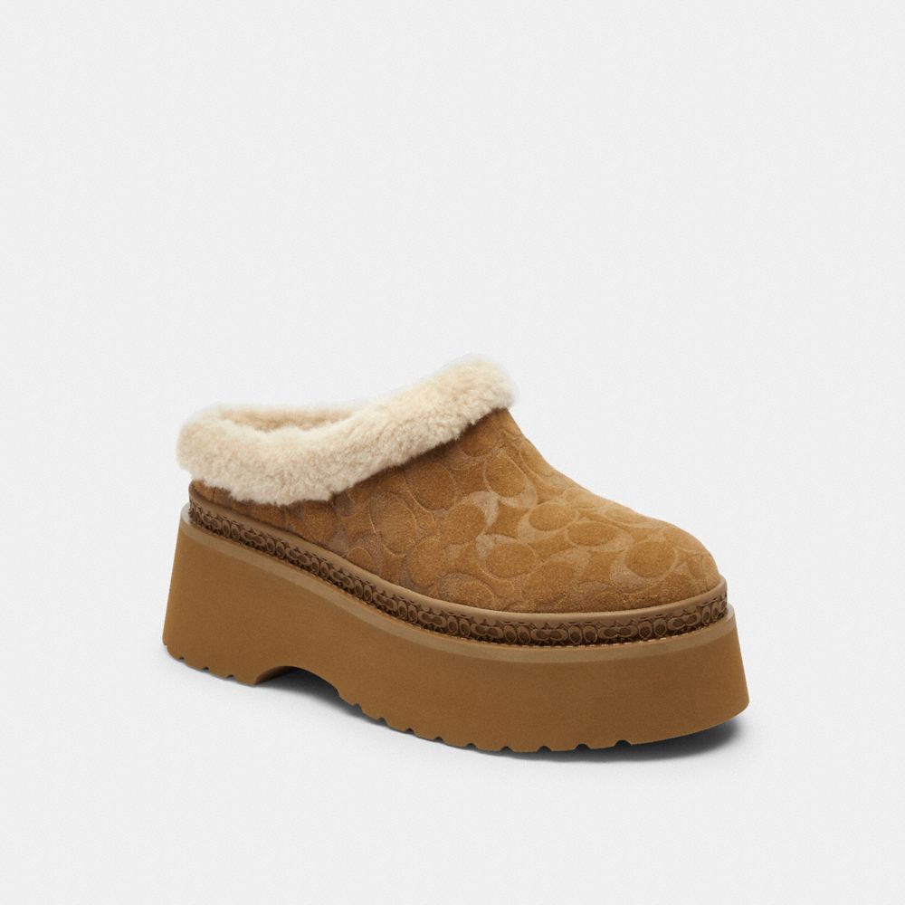 COACH®,Cecelia Clog In Signature Suede,Wool,Suede,Clogs,Fur Embellishment,Color Block,Cushioned,Pull Tab,Outdoor Slipper,Brown,Front View