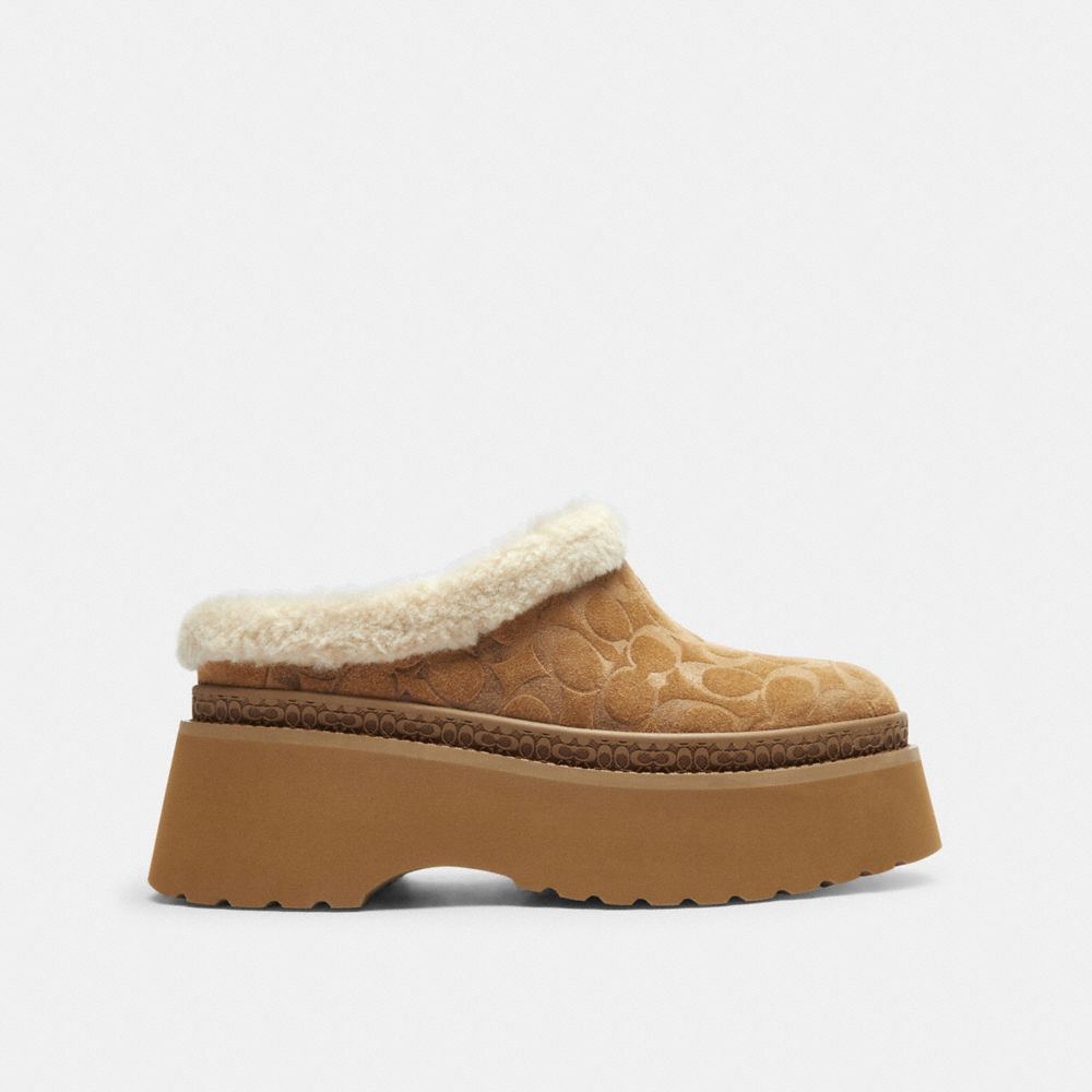 COACH®,Cecelia Clog In Signature Suede,Wool,Suede,Clogs,Fur Embellishment,Color Block,Cushioned,Pull Tab,Outdoor Slipper,Brown,Angle View