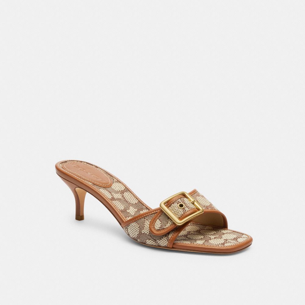 COACH®,Margot Sandal In Signature Textile Jacquard,Cotton,Recycled Polyester,Slides,Fabric,Piping,Sustainable,Day Party,Brown,Front View image number 0