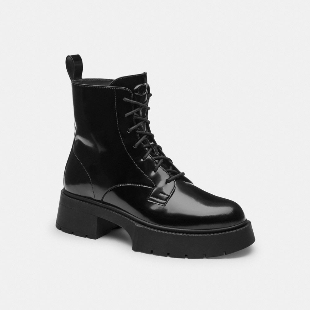 COACH®,Avery Platform Bootie,Leather,Rubber,Bootie,Combat,Pull Tab,Day Party,Black,Front View image number 0