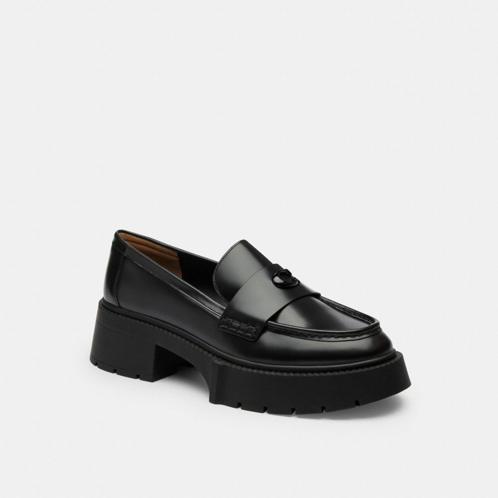 COACH®,Leah Platform Loafer,Leather,Rubber,Loafer,Foam,Logo,Color Block,Memory Foam Insole,Cushioned,Work,Casual,Black,Front View image number 0