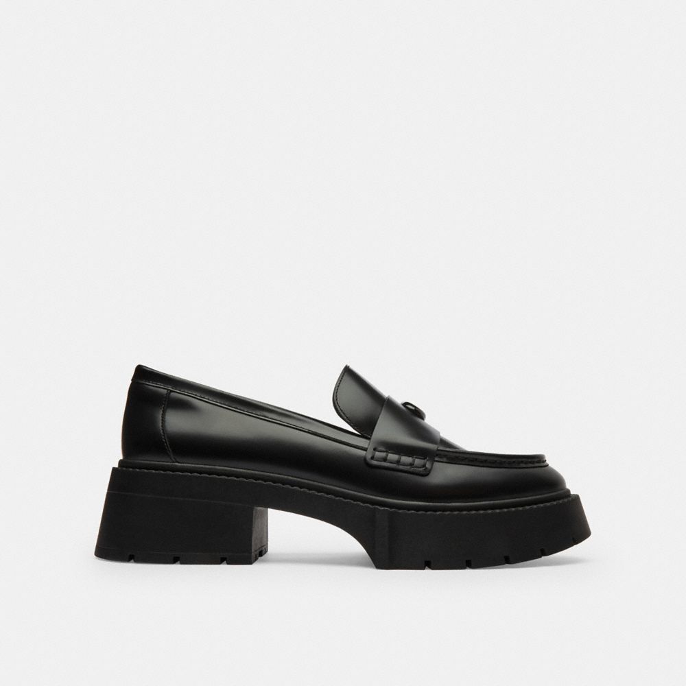 COACH®,Leah Platform Loafer,Leather,Rubber,Loafer,Foam,Logo,Color Block,Memory Foam Insole,Cushioned,Work,Casual,Black,Angle View