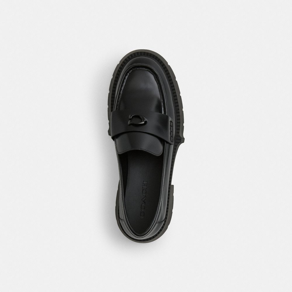 COACH®,Leah Platform Loafer,Leather,Rubber,Loafer,Foam,Logo,Color Block,Memory Foam Insole,Cushioned,Work,Casual,Black,Inside View,Top View