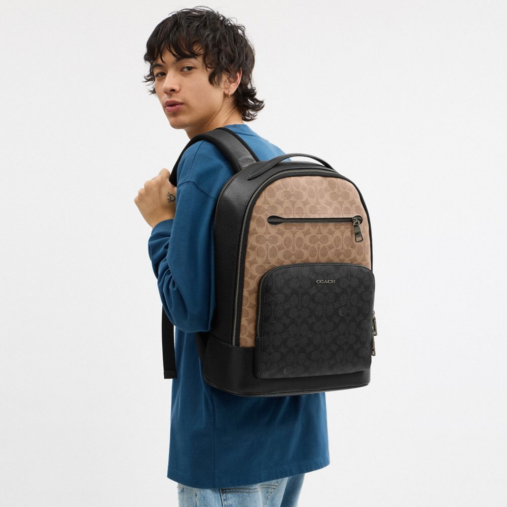 COACH®,Ethan Backpack In Blocked Signature Canvas,Leather,Canvas,Backpack,Color Block,Adjustable,Casual,Multi Color,Detail View