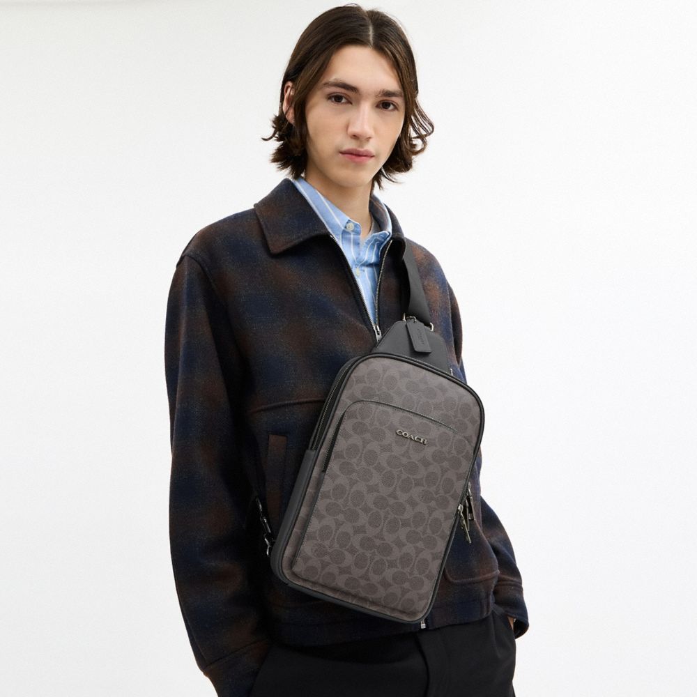 COACH®,Ethan Pack In Signature Canvas,Canvas,Calfskin Leather,Slingback,Adjustable,Casual,Gray,Detail View