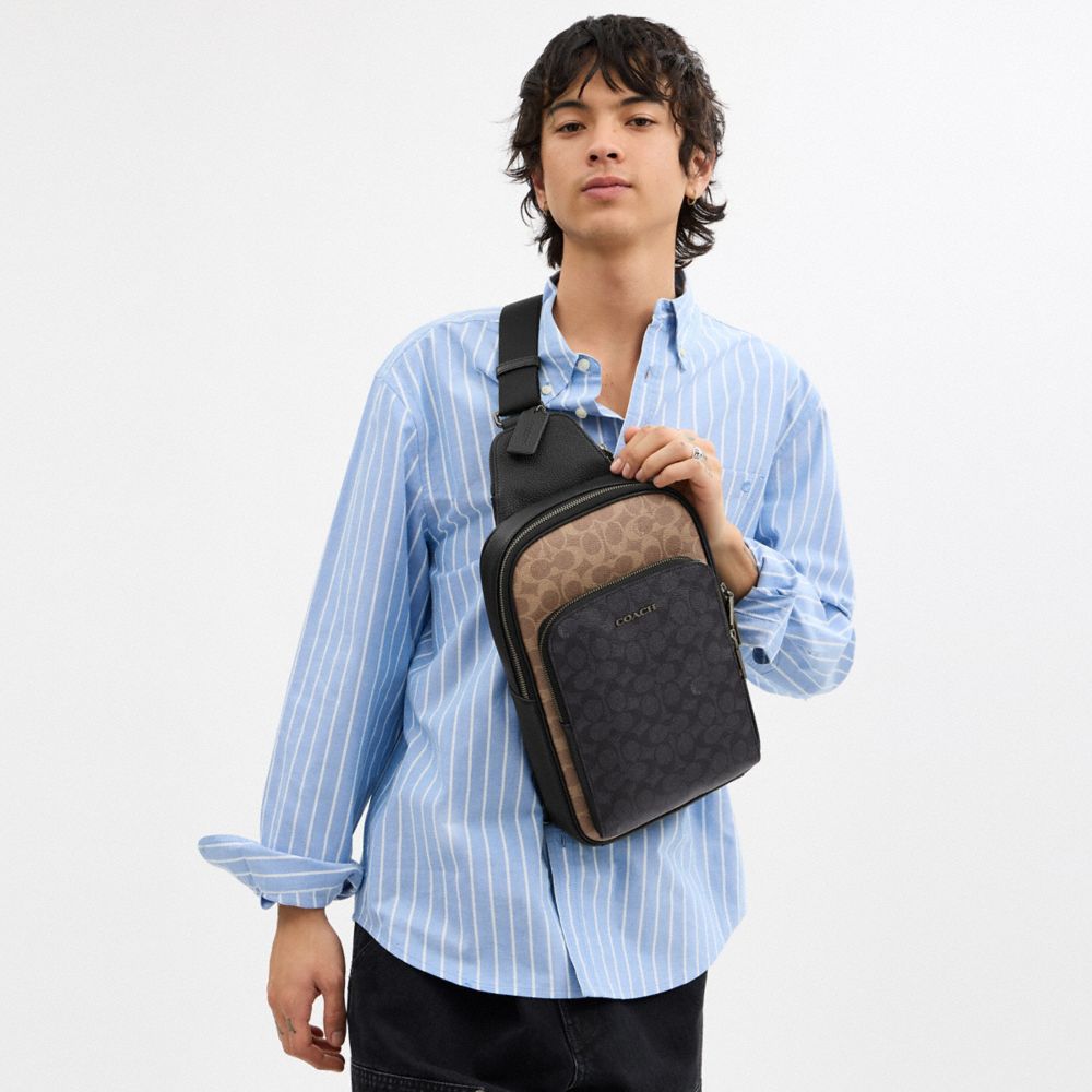 COACH®,Ethan Pack In Blocked Signature Canvas,Canvas,Leather,Slingback,Color Block,Adjustable,Casual,Multi Color,Detail View