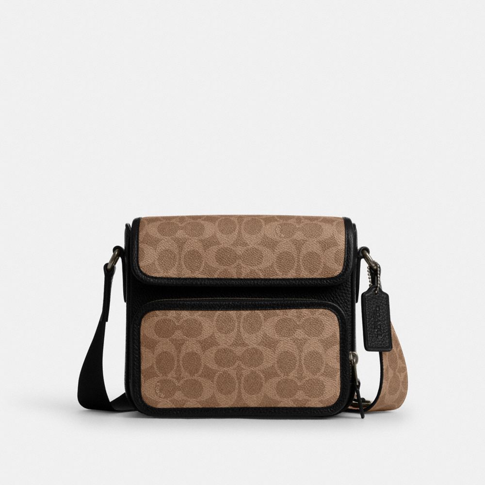 COACH®,Sullivan Flap Crossbody Bag In Signature Canvas,Leather,Canvas,Crossbody,Adjustable,Casual,Brown,Front View