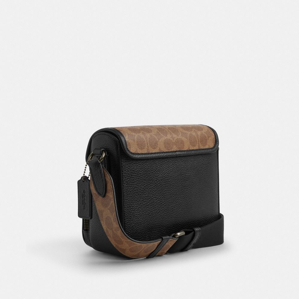 COACH®,Sullivan Flap Crossbody Bag In Signature Canvas,Leather,Canvas,Crossbody,Adjustable,Casual,Brown,Angle View