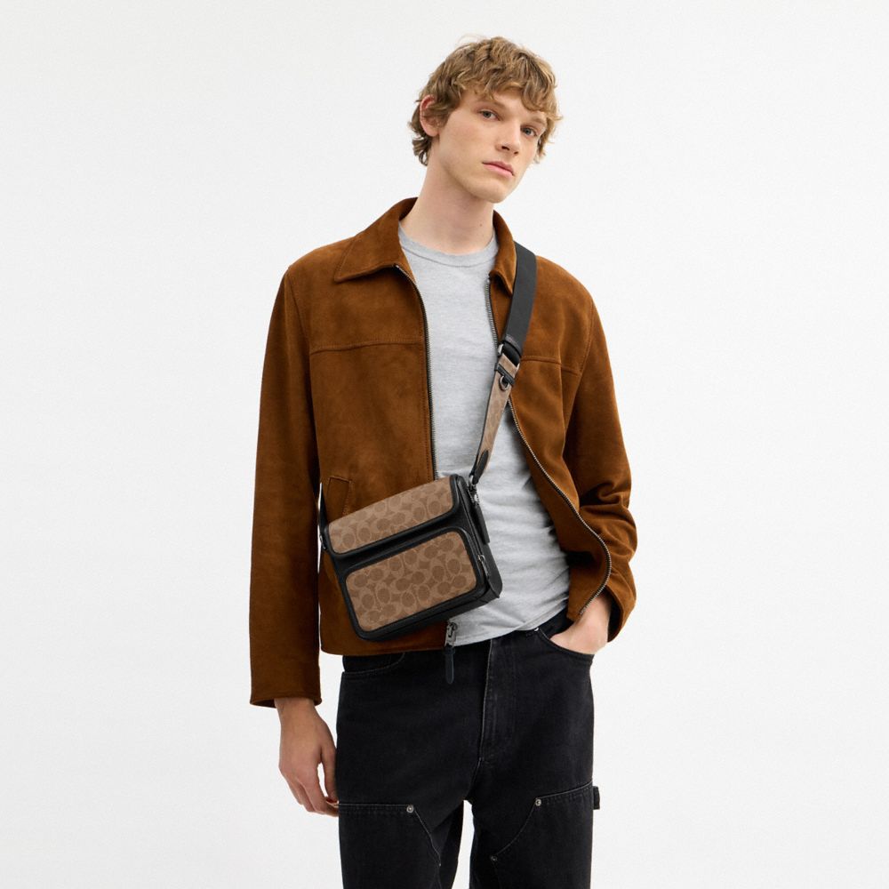 COACH®,Sullivan Flap Crossbody Bag In Signature Canvas,Leather,Canvas,Crossbody,Adjustable,Casual,Brown,Detail View