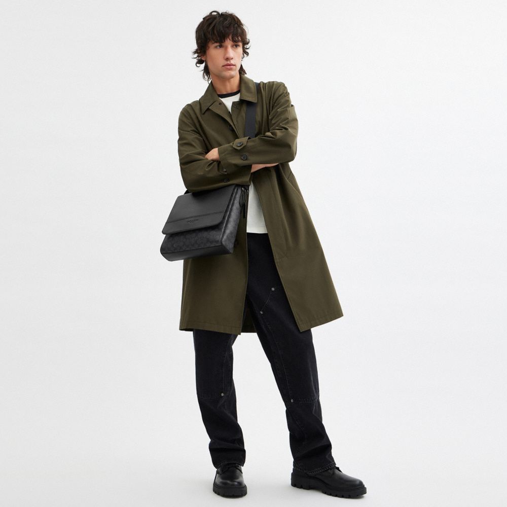 COACH®,Houston Map Bag In Signature Canvas,Calfskin Leather,Canvas,Crossbody,Color Block,Adjustable,Casual,Black,Detail View