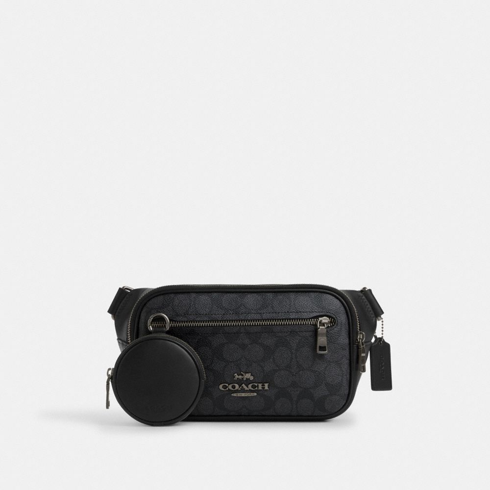 COACH®,Elias Belt Bag In Signature Canvas,Belt Bag,Coin,Casual,Black,Front View