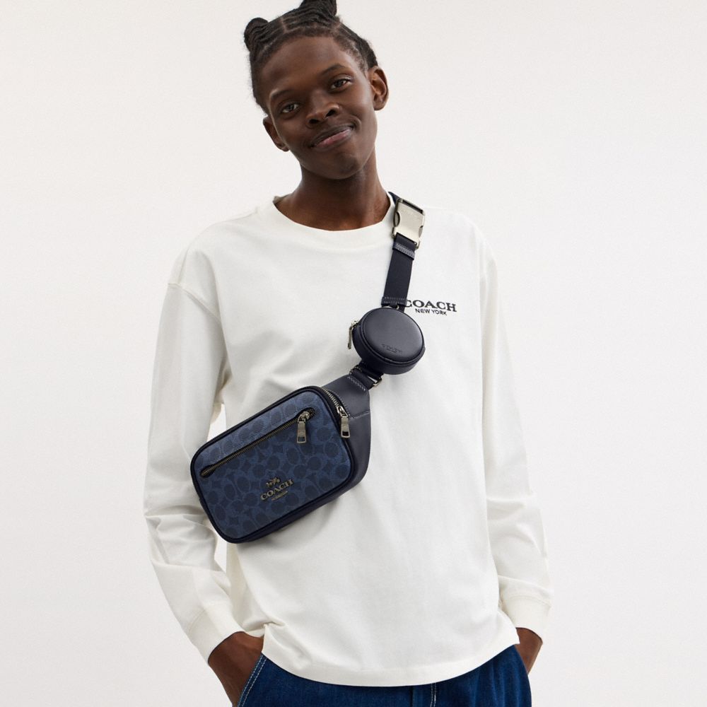 COACH®,Elias Belt Bag In Signature Canvas,Belt Bag,Coin,Casual,Navy,Detail View