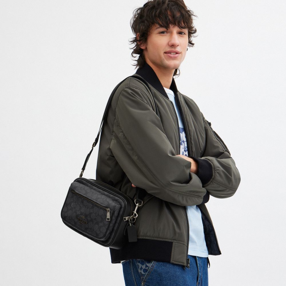 COACH®,Elias Crossbody In Signature Canvas,Calfskin Leather,Canvas,Crossbody,Adjustable,Casual,Black,Detail View
