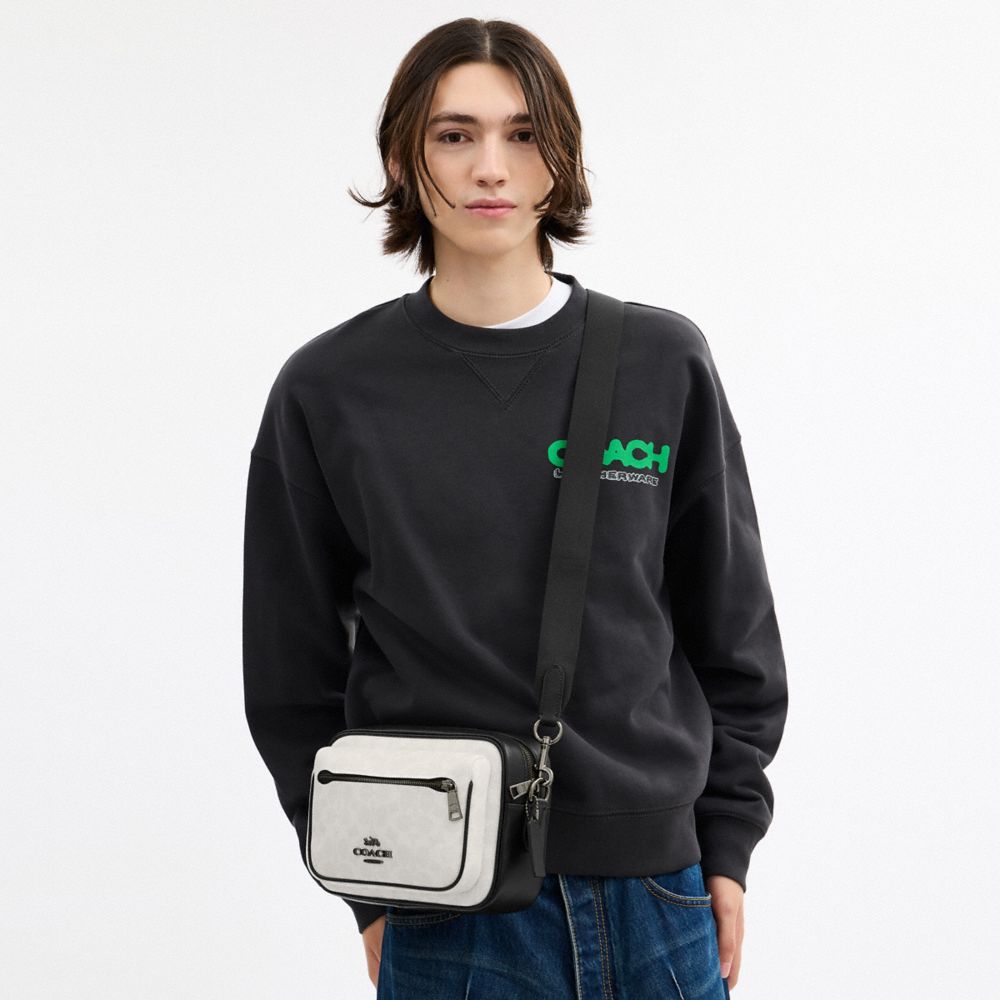 COACH®,Elias Crossbody In Signature Canvas,Calfskin Leather,Canvas,Crossbody,Adjustable,Casual,White,Detail View