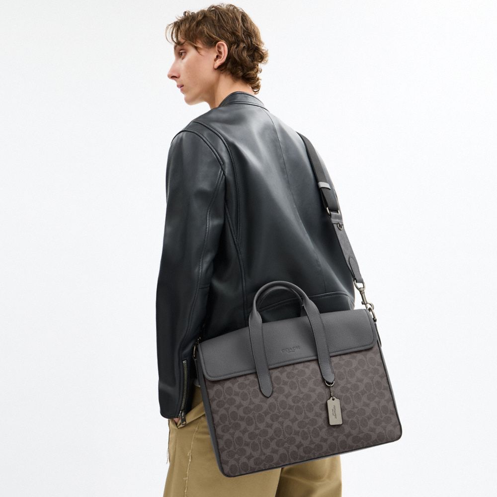 COACH®,Sullivan Portfolio Brief In Signature Canvas,Leather,Canvas,Briefcase,Color Block,Adjustable,Work,Casual,Multi Color,Detail View