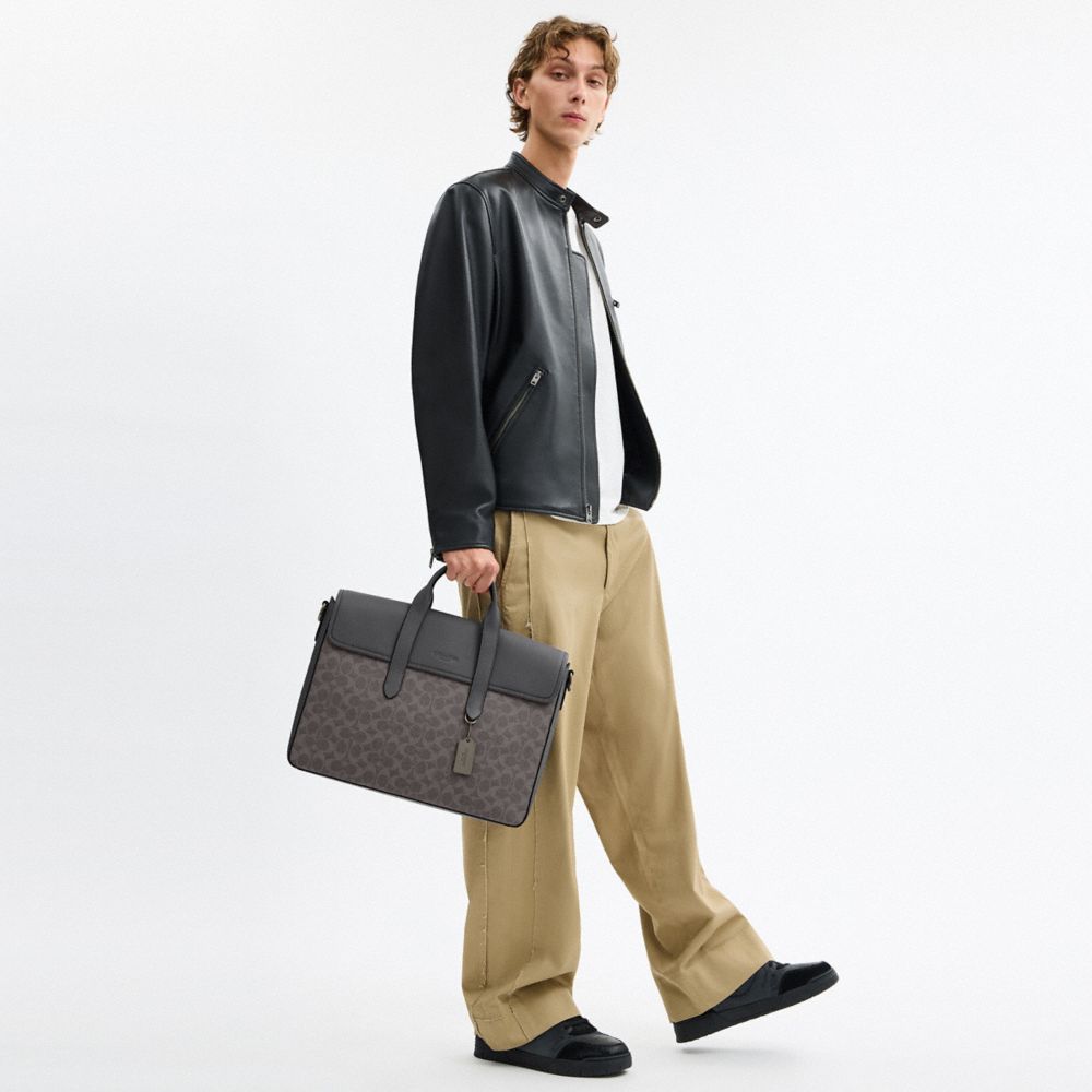 COACH®,Sullivan Portfolio Brief In Signature Canvas,Leather,Canvas,Briefcase,Color Block,Adjustable,Work,Casual,Multi Color,Detail View