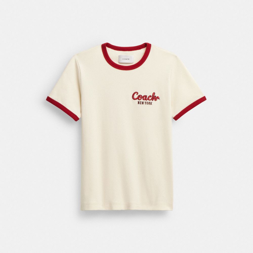 COACH®,New Year Ringer T Shirt In Organic Cotton,Organic Cotton,T Shirt,Logo,Word Embellishment,Piping,Sustainable,Casual,Cream,Front View