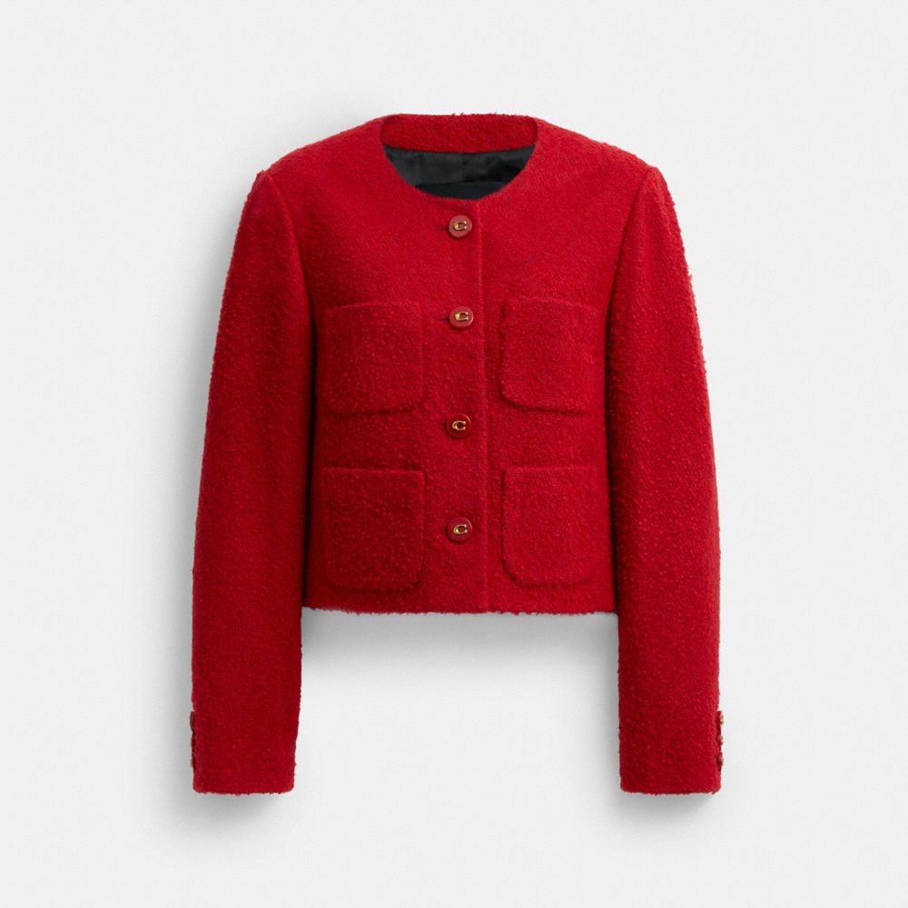 COACH®,Boucle Jacket,Wool,Cotton Blend,Bouclé,Polyester,Tweed,Cardigan,Button,Casual,Red,Front View