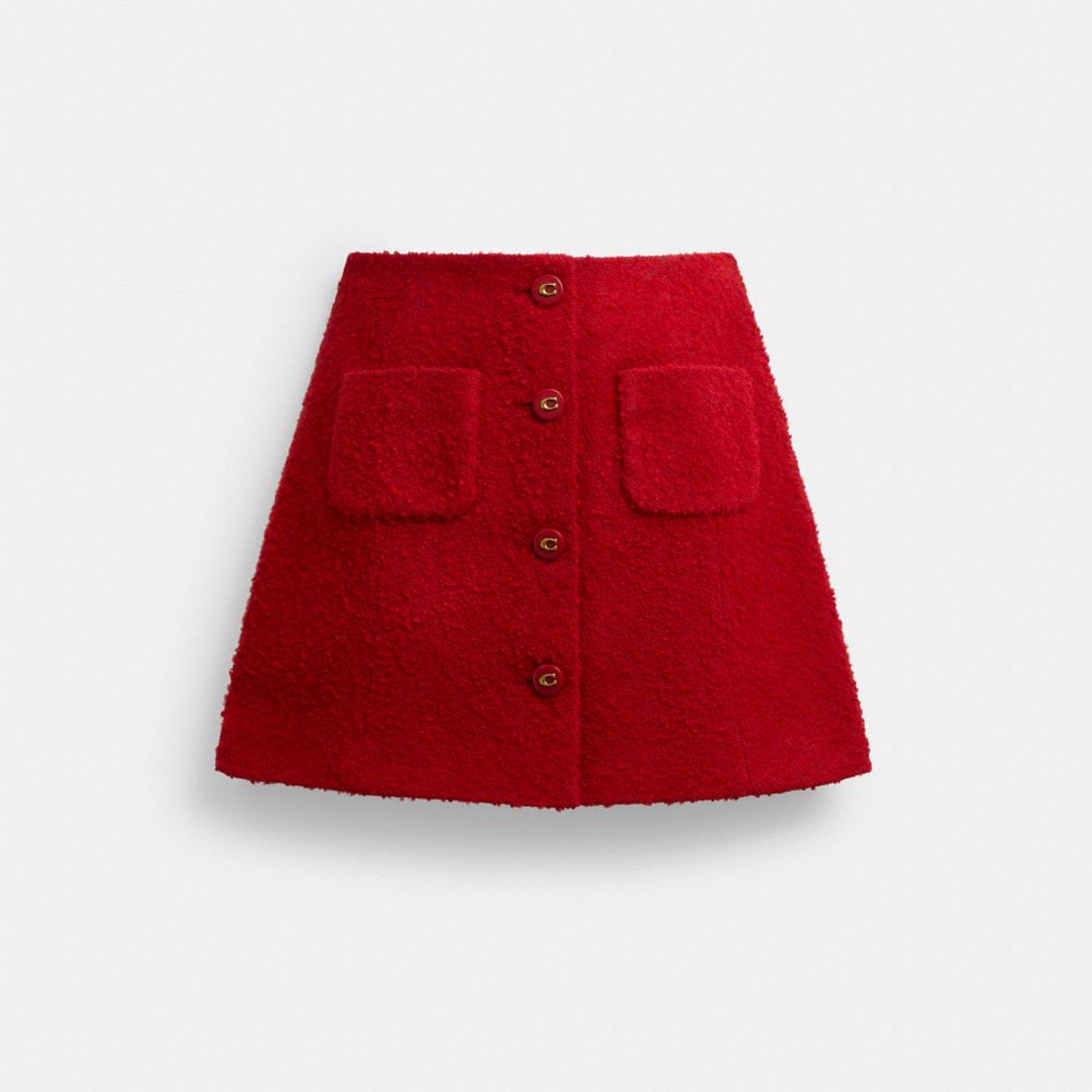 COACH®,Boucle Skirt,Wool,Cotton Blend,Bouclé,Polyester,A-Line,Logo,Button,Day Party,Red,Front View