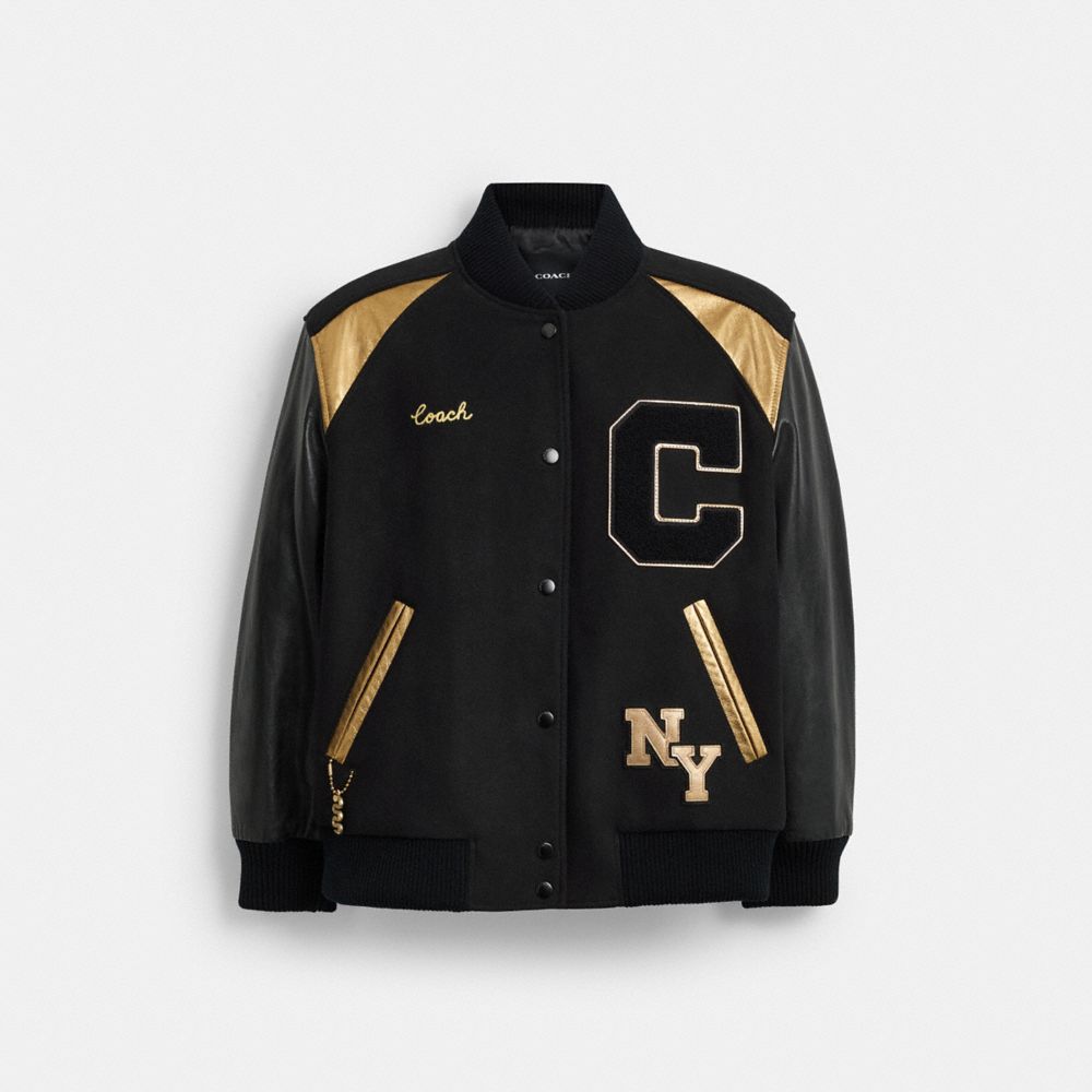 COACH®,New Year Varsity Jacket,Leather,Polyamide,Lambskin,Wool,Lining Recycled Polyester,Polyester Blend,Acrylic,Soft Wool...,Black,Front View