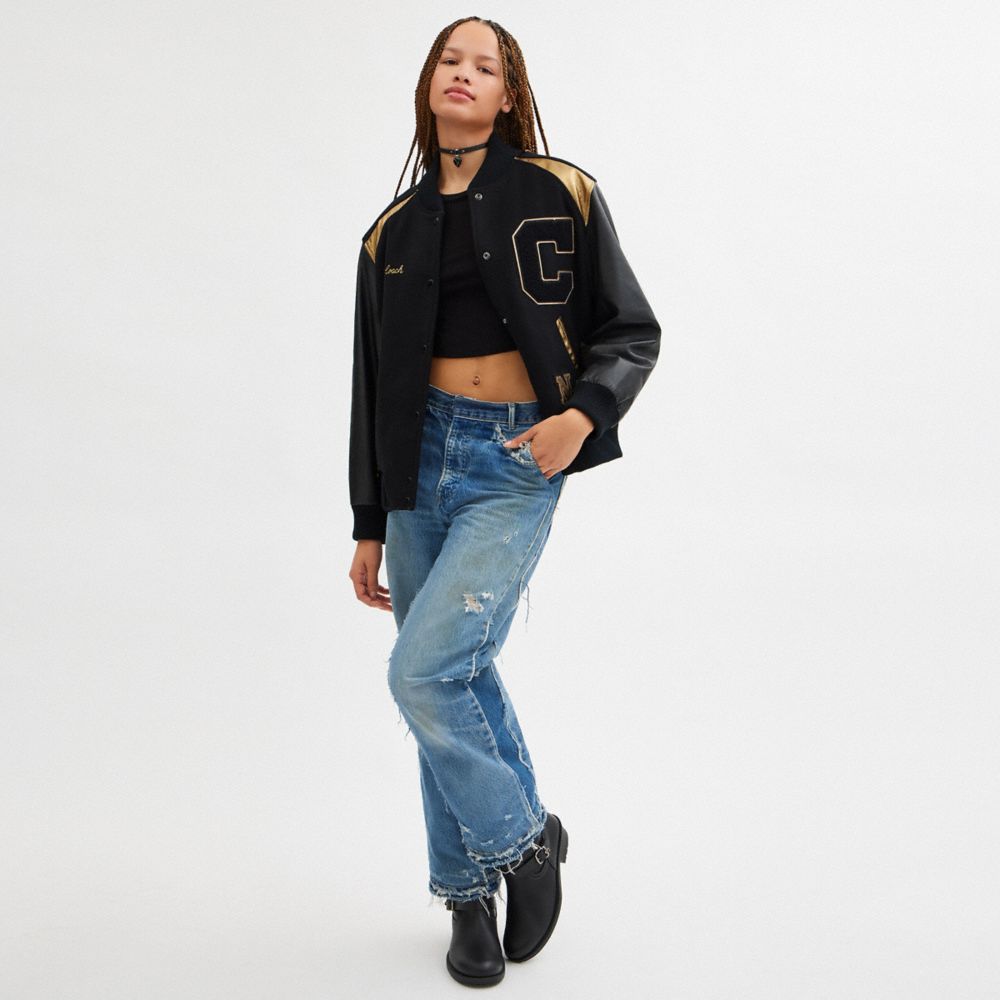 COACH®,New Year Varsity Jacket,Leather,Polyamide,Lambskin,Wool,Lining Recycled Polyester,Polyester Blend,Acrylic,Soft Wool...,Black,Scale View