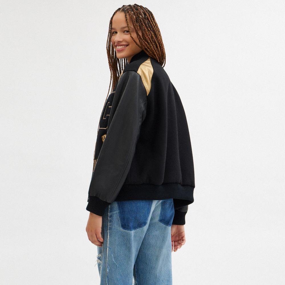 COACH®,New Year Varsity Jacket,Leather,Polyamide,Lambskin,Wool,Lining Recycled Polyester,Polyester Blend,Acrylic,Soft Wool...,Black,Scale View