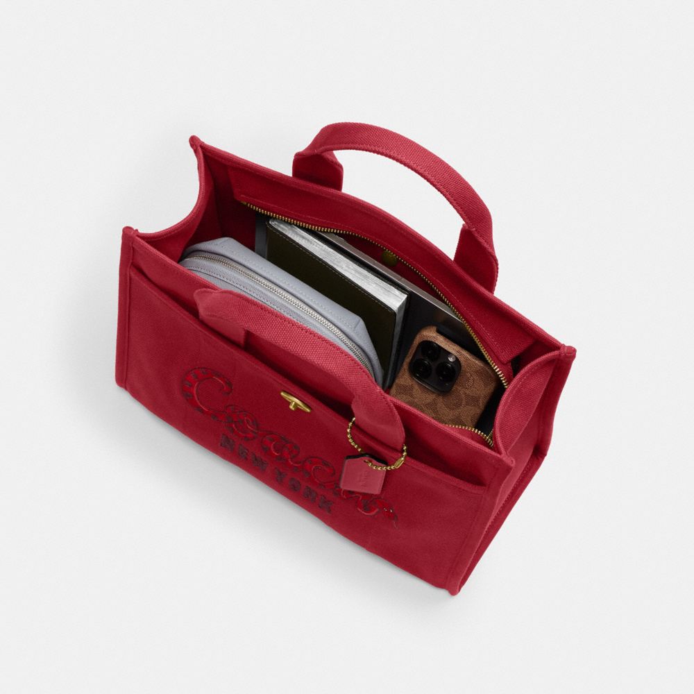 COACH®,New Year Cargo Tote Bag With Coach Snake Script,Cotton,Tote,Embroidered,Sustainable,Brass,Work,Casual,Maroon,Inside View,Top View