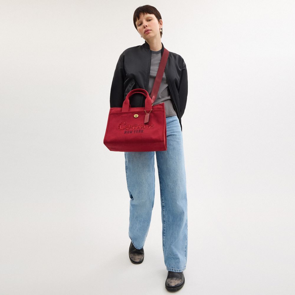 COACH®,New Year Cargo Tote Bag With Coach Snake Script,Cotton,Tote,Embroidered,Sustainable,Brass,Work,Casual,Maroon