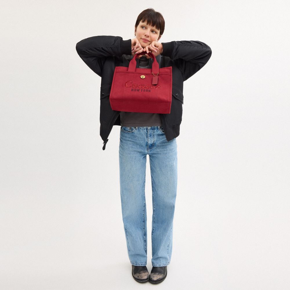 COACH®,New Year Cargo Tote Bag With Coach Snake Script,Cotton,Tote,Embroidered,Sustainable,Brass,Work,Casual,Maroon,Detail View