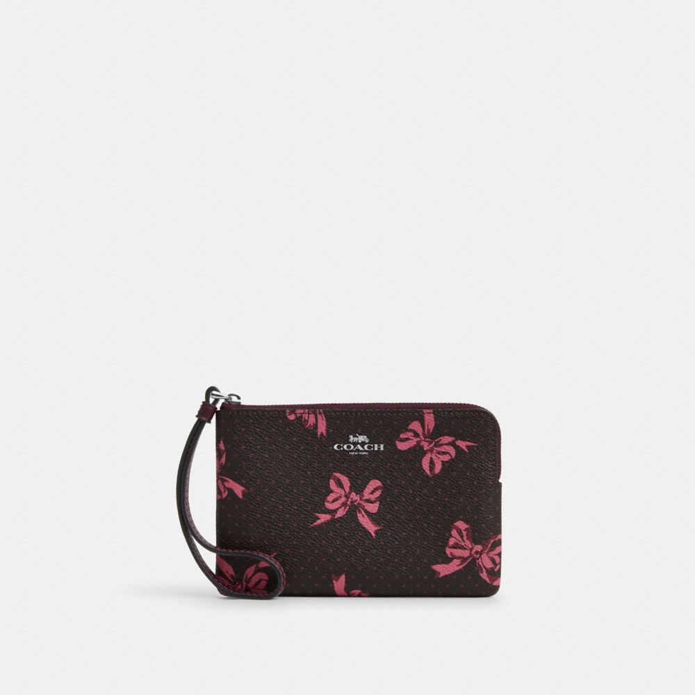 COACH®,Corner Zip Wristlet With Bow Print,,Front View