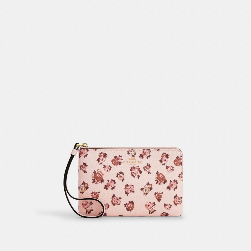 COACH®,Corner Zip Wristlet With Rosette Print,,Front View