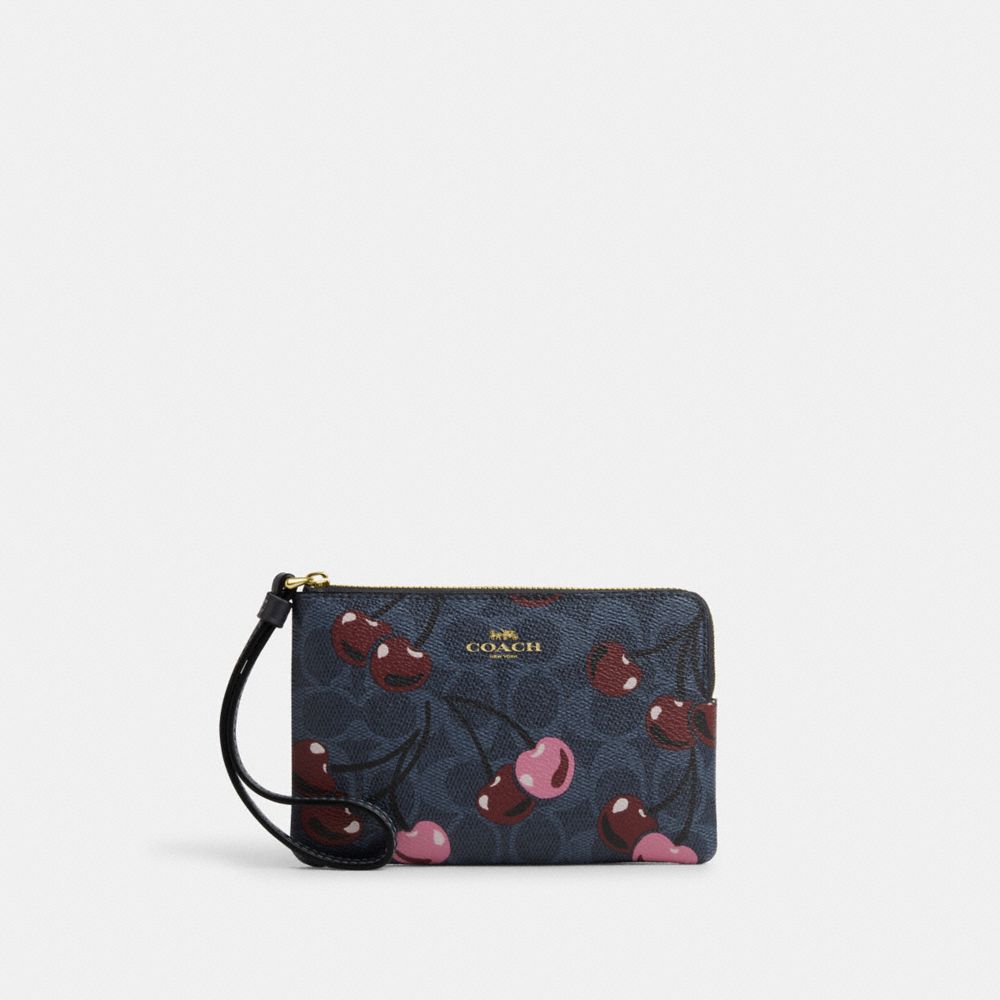 COACH®,Corner Zip Wristlet In Signature Canvas With Cherry Print,,Front View