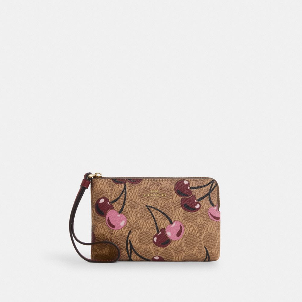 COACH®,Corner Zip Wristlet In Signature Canvas With Cherry Print,Canvas,Wristlet,Coin,Casual,Brown,Front View image number 0