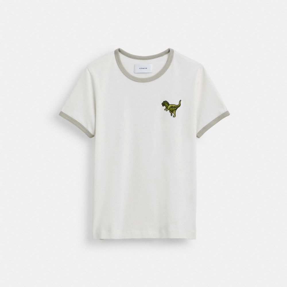 COACH®,Rexy Ringer T Shirt,Cotton,T Shirt,Piping,Embroidered,Casual,White,Front View